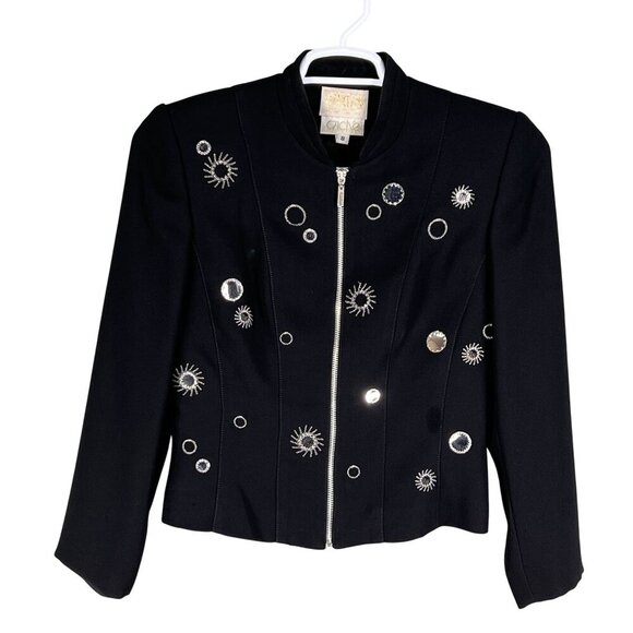 Alberto Makali Caché 8 / M Black Evening Blazer Silver Sunburst Star Embroidery - Picture 4 of 13